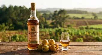 Bottle of Guayabita del Pinar with wild guava fruits and golden liqueur tasting glass on rustic table