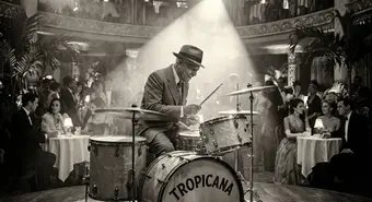 Baterista de jazz cubano en ambiente de club nocturno estilo años 50. Ilustración artística.