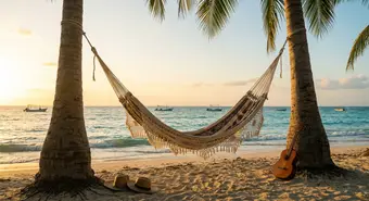 Traditional hammock hanging between royal palm trees at Caribbean sunset