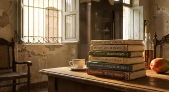 Libros clásicos de literatura cubana apilados sobre mesa de madera en La Habana Vieja. Imagen: AI-generada