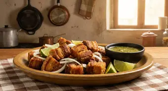 Cuban masitas de puerco fritas, golden and crispy fried pork chunks served with lime and onion. AI-generated illustration.