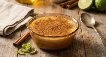 Natilla cubana servida en copa de cristal con canela espolvoreada