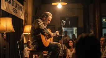 Trovador cubano tocando guitarra acústica en escenario íntimo de La Habana. Ilustración generada por IA.