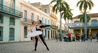 Cuban ballet on stage with Havana elements, fusion of classical and Caribbean dance. Illustration.