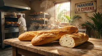 Pan cubano tradicional recién horneado con corteza dorada y crujiente
