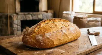 Golden crusty Cuban bread loaf on a wooden cutting board with the characteristic palmetto leaf split