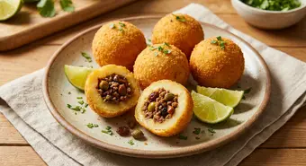 Papas rellenas cubanas doradas sobre plato de cerámica rústica, cortada mostrando relleno de picadillo