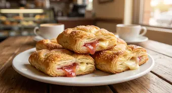 Cuban guava and cheese pastelitos with golden flaky puff pastry and pink guava filling. AI-generated image.