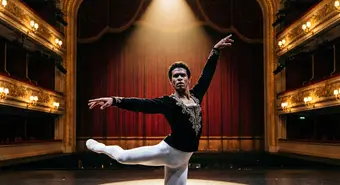 Classical ballet dancer in dramatic pose under stage spotlights