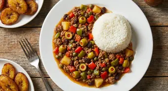 Cuban picadillo a la habanera served with white rice, olives, and peppers. AI-generated illustration.