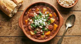 Cuban potaje de frijoles colorados served in a clay pot with white rice