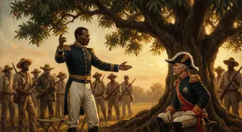 Artistic recreation of the Protest of Baraguá, 1878. Antonio Maceo standing before Martínez Campos under the mango trees of Baraguá.