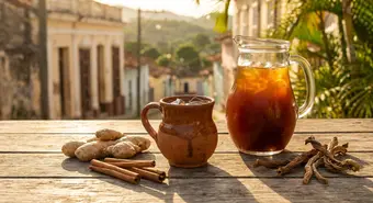 Prú oriental cubano servido en vaso de barro con raíces y especias. Ilustración generada con IA.