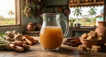Rustic pitcher with Cuban Prú Oriental, amber-colored fermented drink alongside roots and cinnamon