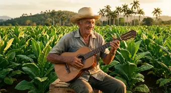 Cuban guajiro musician playing the tres guitar in a tobacco field in Pinar del Río, Cuba. AI-generated illustration.