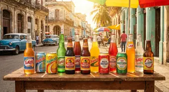 Assortment of Cuban soft drinks on an outdoor table in Havana