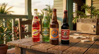 Classic Cuban soft drink bottles on a wooden table. Illustration.