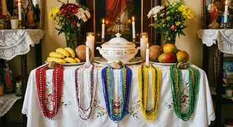 Altar de santería cubana con elekes coloridos, velas y ofrendas a los orishas