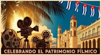 Cuban film festival with vintage camera, film reels, and Havana architecture
