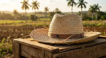 Traditional Cuban yarey straw hat on a rustic wooden surface with Cuban countryside in the background. AI-generated illustration.