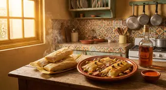 Tamales cubanos tradicionales envueltos en hojas de maíz sobre mesa rústica. Imagen generada por AI.