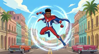 Superhéroe animado cubano con elementos culturales de la isla