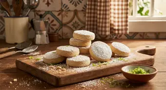 Torticas de Morón Cuban shortbread cookies dusted with powdered sugar on a rustic wooden board