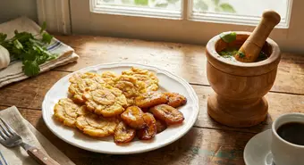 Golden tostones and caramelized maduros served on traditional Cuban plate