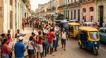 Parada de autobús en La Habana con personas esperando transporte durante la crisis de combustible