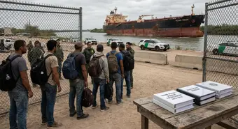 Migrantes cubanos en checkpoint fronterizo con camión petrolero al fondo y documentos de política de Trump