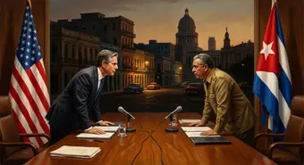 US and Cuban flags at a negotiation table with Havana skyline in the background
