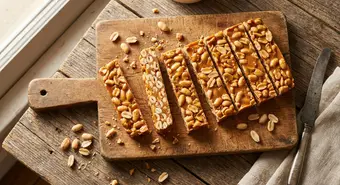 Cuban peanut turrón bars cut on a rustic wooden board