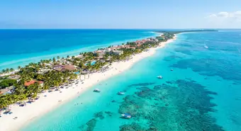Aerial view of Varadero Beach with turquoise waters and white sand. AI-generated illustration.