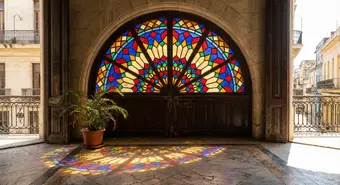 Vitral de mediopunto cubano con vidrios de colores en arco semicircular, arquitectura colonial de La Habana