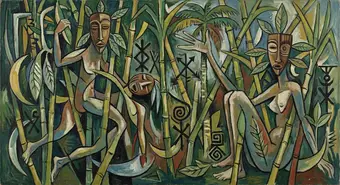 Artistic composition inspired by Wifredo Lam's style featuring hybrid figures and Cuban tropical vegetation