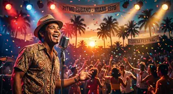 Cuban musician performing on stage with vibrant Miami lights