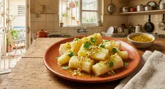 Plato de yuca con mojo criollo cubano, dorado y aromático