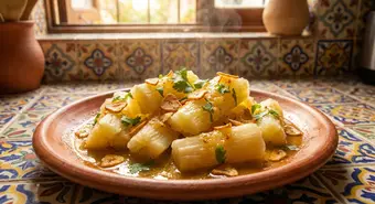 Yuca con mojo cubano servida en plato de barro con chips de ajo crujiente
